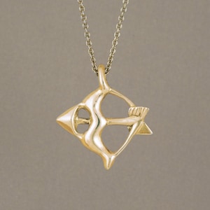 14K Gold Sagittarius Necklace, Zodiac Bow and Arrow Pendant, Solid Gold Art Jewelry for Men and Women