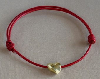 14K Solid Puffy Heart Sliding Knot Bracelet, Seed Heart Pull Bracelet, Token of Love Charm Bracelet