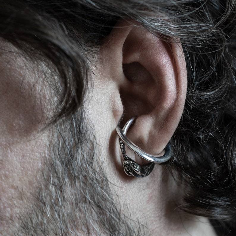May include: A silver snake earring with a hoop design. The earring is worn in the upper cartilage of the ear.