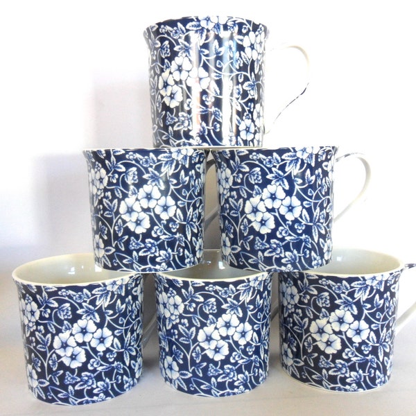Set of 6 blue calico design palace mugs.