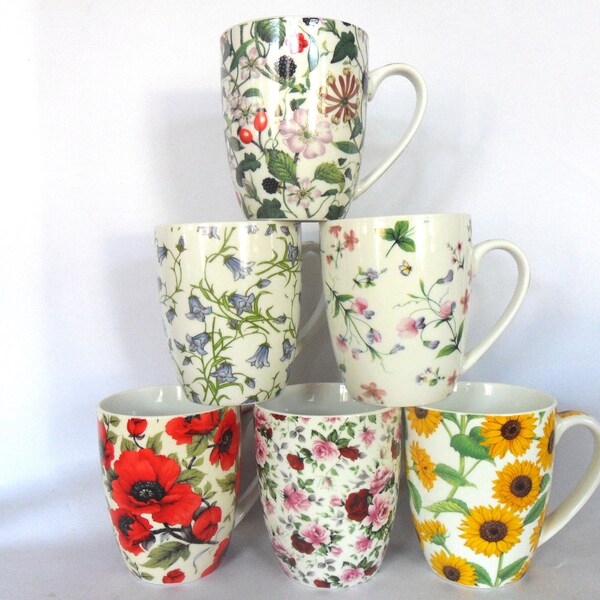 Set of 6 assorted floral design aspen mugs.