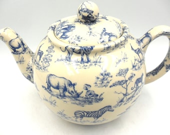 Blue Safari design 6 cup teapot made by Heron Cross Pottery