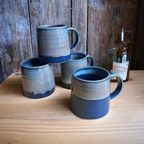 4 x Reactive Glaze Cuddly Brûlée Stoneware Mug in Denim Blue and seashore rim.