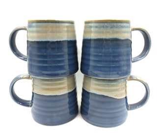 4 x Reactive Glaze Cuddly Brûlée Stoneware Mug in Denim Blue and seashore rim.