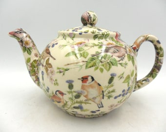 Heron Cross Pottery 2 cup teapot in British Birds on clear design.