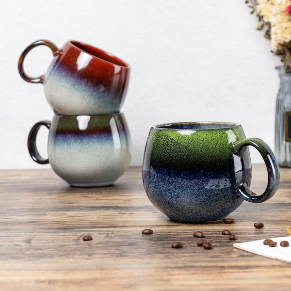 3 x Reactive Glaze Cuddly Sphere Stoneware Sphere Mug Garnet red, grass green and green and blue.