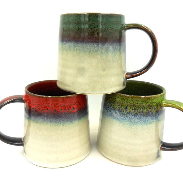 3 x Reactive Glaze Chunky Brûlée Stoneware Mug in Emerald, Garnet and Green.