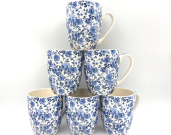 Set of 6 pretty ditsy blue rose chintz design aspen mugs.