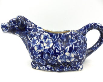 Inglaze blue Victorian Calico design cow creamer by Heron Cross Pottery