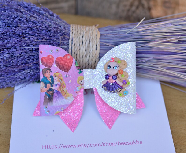 Rapunzel bow Disney Princess Bow Princess Bow Tangled Bow headband Chunky glitter bow holiday bow stocking stuffer Birthday Bow Rapunzel
