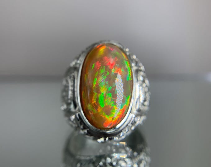 White Opal Ring .Top Quality 9.7 Carat Ethiopian Opal Ring - Handmade Silver with Intricate Craftsmanship. Opal  Gents Silver Ring.