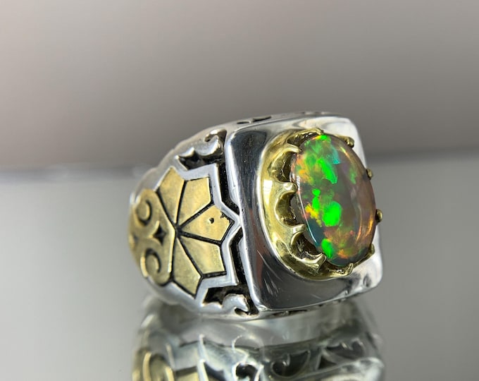 Natural Ethiopian Opal Ring. Honey Comb Pattern Full Fire White Opal Hand Made Heavy SIlver Ring. Gents Opal Ring. Hand Made Silver & Bronze