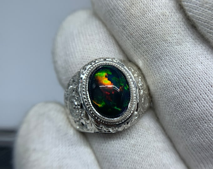 Natural Black Opal Ring . Opal Ring . Black Opal Ring . AAA Grade Full Fire Opal In Hand Made Silver Ring With Beautiful Hand Crafty Work.