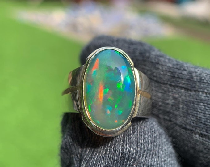 Natural White Opal In Mens Ring . Hand Made Silver Opal Ring
