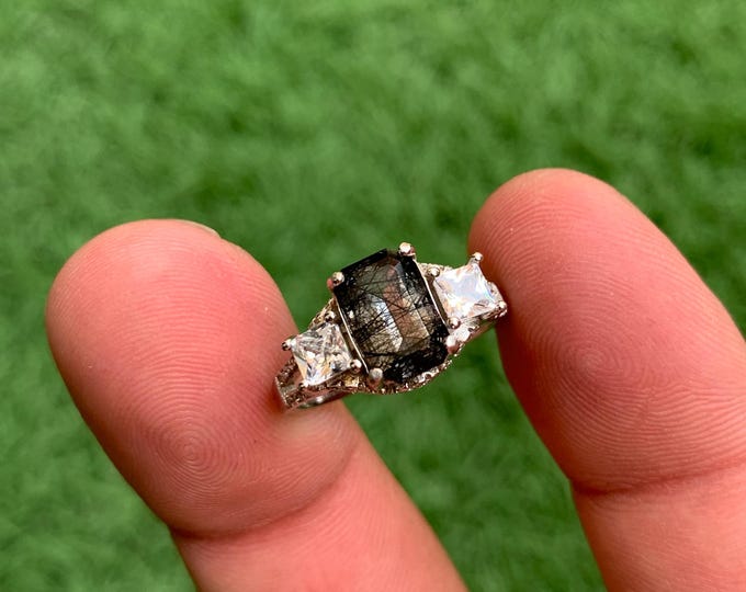 Natural Quartz Ring. Black Rutile Quartz Sterling Silver Ring Rhodium Coated . Black Rutile Quartz Ring. Ladies Quartz Ring. Rutile Quartz.