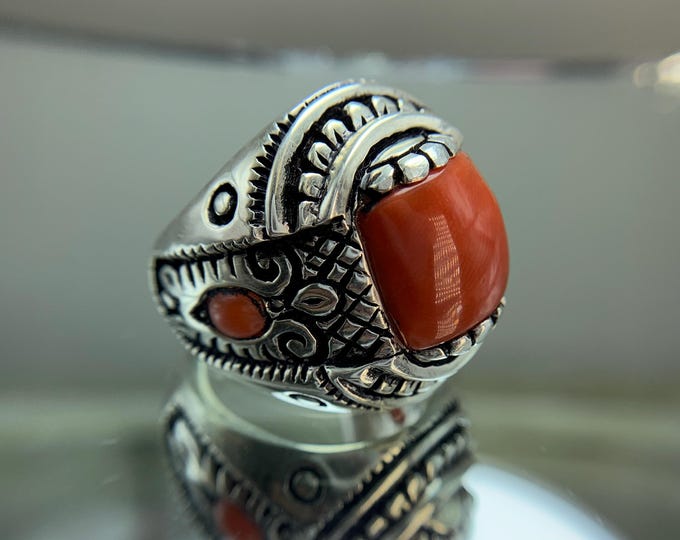 Natural Coral Ring. Natural 11.25 Ct Italian Coral In Gents Hand Made Silver Ring . Authentic Natural Coral Ring . Deep Hand Crafty Work.