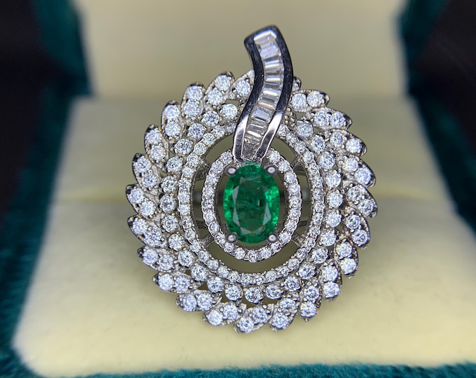 Natural Emerald Ring. Ladies Vivid Green Emerald Ring . Emerald In 925 Sterling Designer Rhodium Coated Ring . Emerald Ring