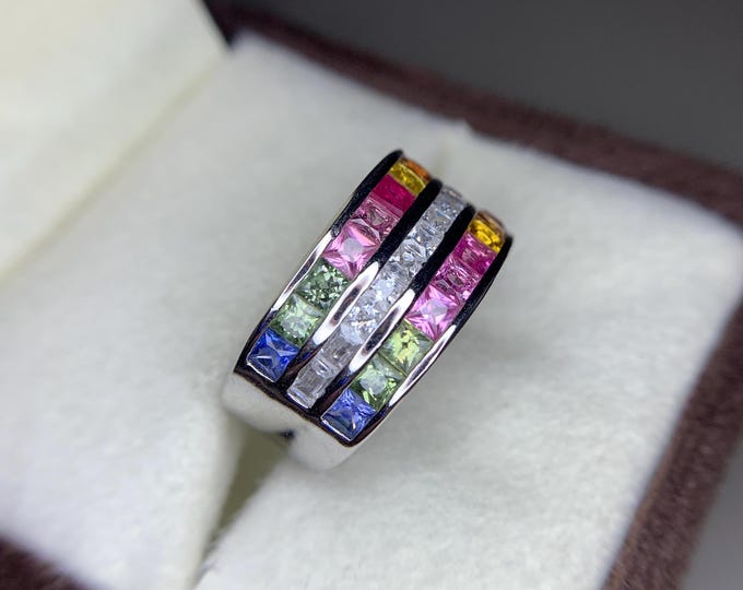 Stunning Multi-Color Sapphire Chala Ring – Rainbow Gemstone Band in Sterling Silver- Natural Sapphire Designer Sterling SIlver Ring.