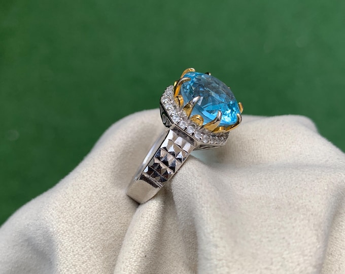 Natural Swiss Blue Topaz Ring. Blue Topaz Ring. Blue Topaz In Designer Sterling SIlver Ring. December Birthstone. Round Topaz Ring.