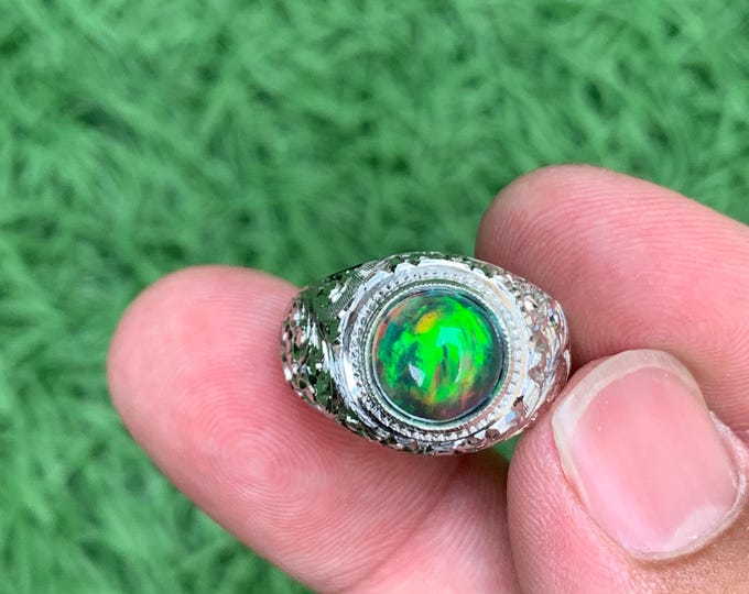 Natural Round Black Opal Ring. Natural Opal In Hand Made Crafty Work Silver Ring. Opal Ring. 2.45 Ct Full Fire Opal In Silver Ring.