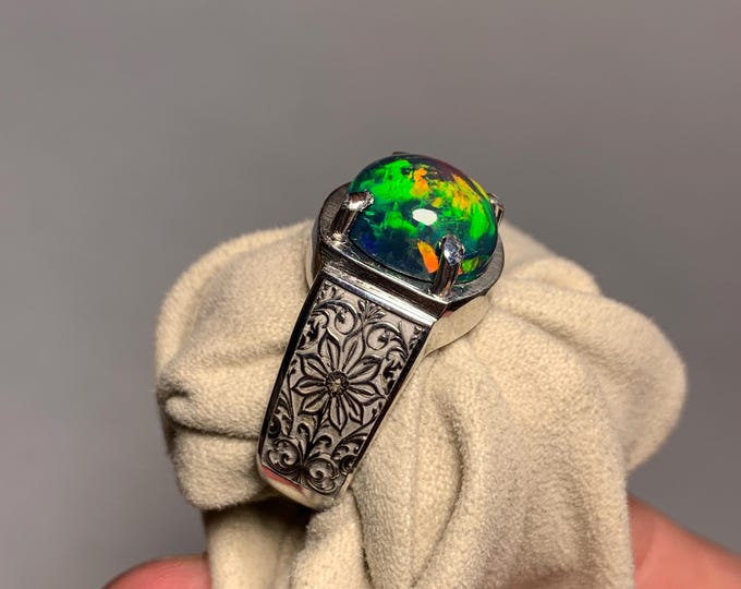 Natural Black Opal ring.Splendid Fires Black Opal In  Hand Made Crafty Work Silver Ring. Opal Ring . Classy And Charm Ring. Black Opal Ring.