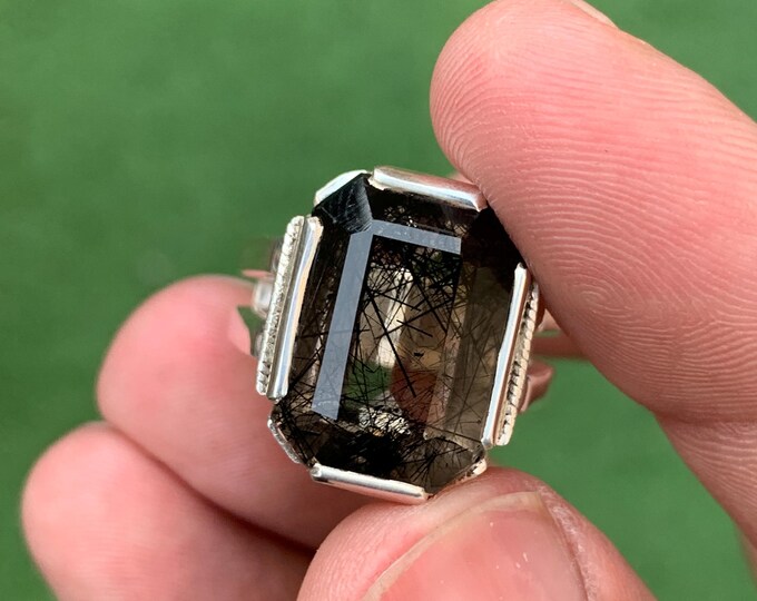 Natural Rutile Quartz . Rutile Quartz Ring . Natural Black Rutile Quartz In Hand Made Heavy Silver Ring . Quartz Ring . Best Healing Ring.
