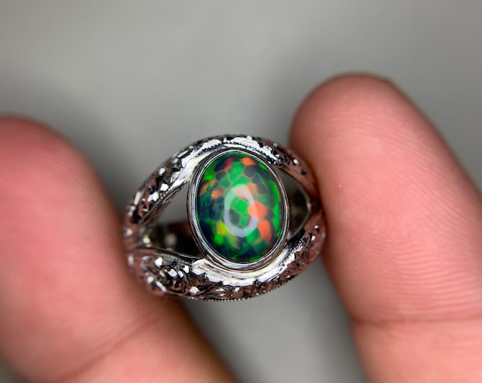 Natural Black Opal Ring.Black Opal Homey Comb Fire Opal In Hand Made Silver Ring. Black Opal In Rhodium Coated Crafty Work Silver Ring.