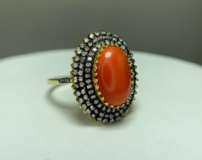 Natural 5 Ct Italian Orange Coral & Diamond Designer Ring-Handcrafted Silver with Golden Rhodium Finish- Natural Coral Ring. Coral Ring.