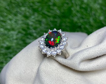 Ethiopian Black Opal Ring: Handmade Sterling Silver & Cubic Zirconia