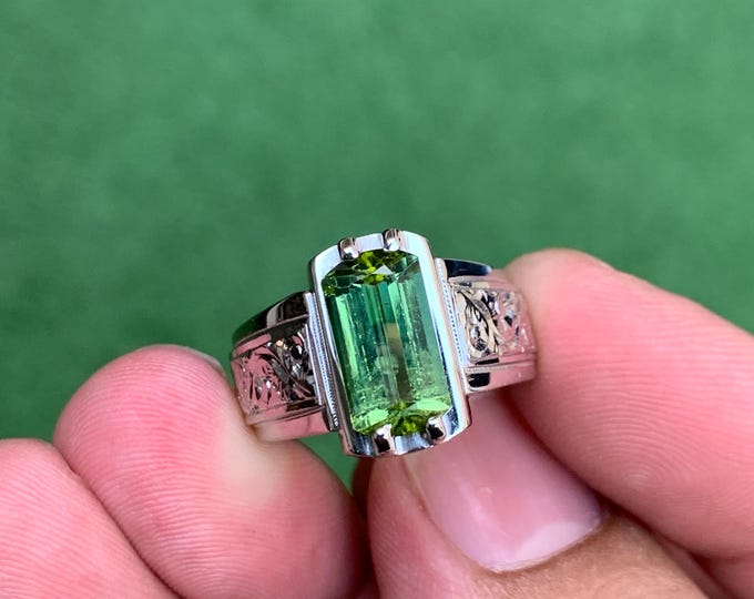 Natural Green Tourmaline . Natural Tourmaline Gents Ring . Natural Tourmaline Gents Hand Made Silver Ring . Tourmaline From Afghanistan .