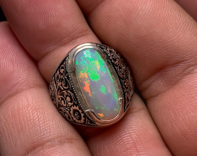 White Opal Ring. Gents White Opal Ring. AAA Grade Full Fire Opal In Hand Made Classy Crafty Work Ring. Opal Ring . Opal Silver Ring.