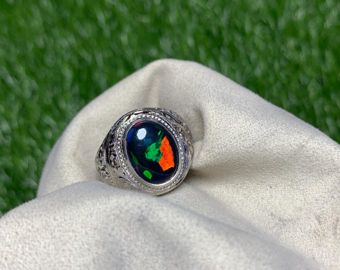 Natural Black Opal Ring. Natural 2.9 Ct Black Opal In Hand Made Silver Ring. Opal Ring.Hand Made Silver Ring With Hand Art Crafty Work Ring.