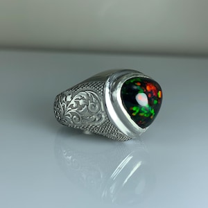 Natural 5.25 Ct Ethiopian Black Opal.Black Opal Ring.Splendid Pin Fires .Handmade Silver Ring| Rhodium Coated. Opal Ring.
