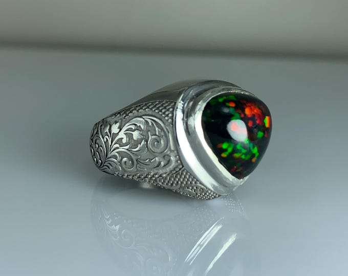 Natural 5.25 Ct Ethiopian Black Opal.Black Opal Ring.Splendid Pin Fires .Handmade Silver Ring| Rhodium Coated. Opal Ring.