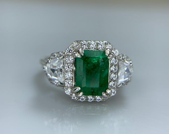 Authenticate Natural Emerald Ring. Emerald Ring .Natural 2.2 Ct Step-Cut Emerald from Swat, Pakistan in Designer Sterling Silver Ladies Ring