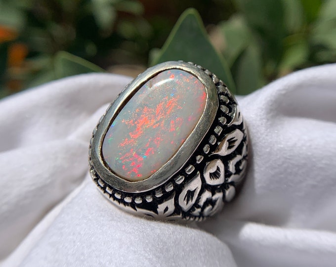 Natural Australian Opal . Austrailian Opal Ring . Austrailian White Opal In Hand Made Heavy Classy Silver Ring. Opal Ring . Gents Opal Ring.