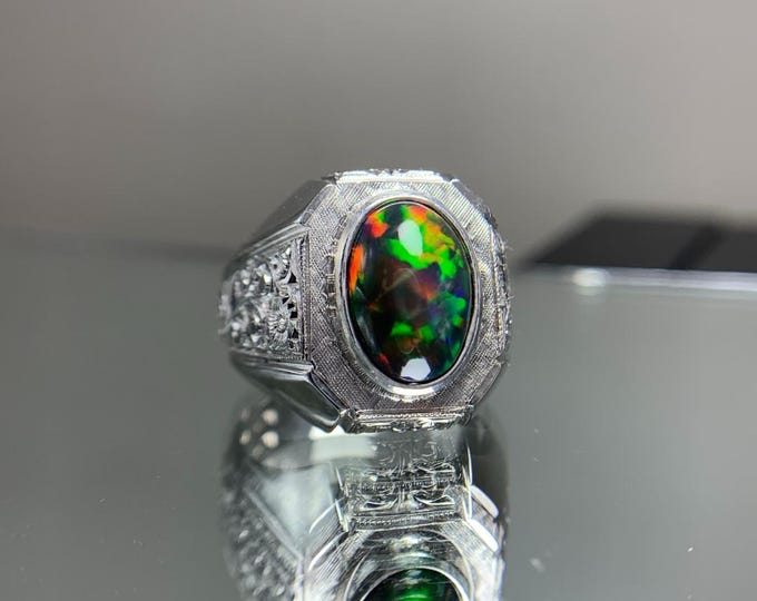 Natural Opal Ring. Black Opal Ring . Natural 3.10 Ct Opal  Gemstone Ring.Handmade Rhodium-Coated.Artisan Crafted. Opal Ring.