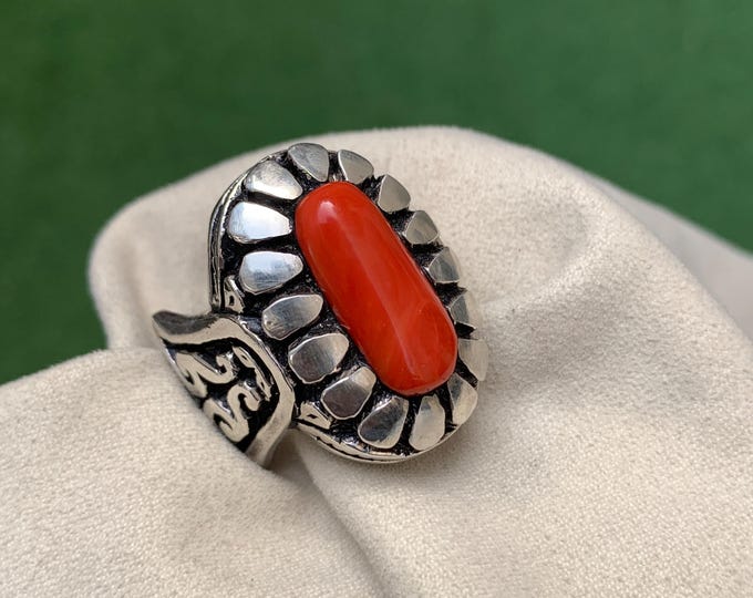 Natural 10.75 Ct Italian Coral Handmade Silver Ring - Deep Crafted Artistry. Coral Ring. Italian Coral Ring. Gents Coral Ring.