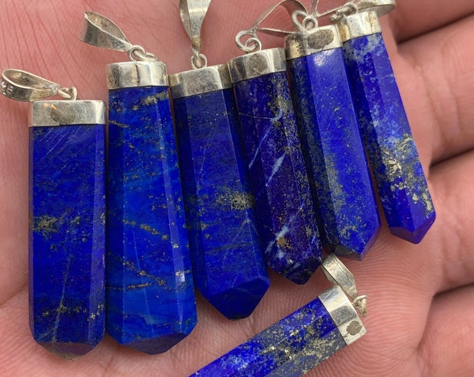 Lapis Lazuli with Silver Cap Pendant. Birthstone Gift. Healing & Meditation Stone Blue Lapis Lazuli Stone Pendant. Pencil Shape Pendant