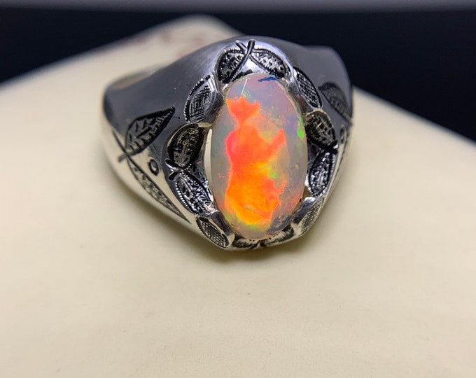 AAA Grade Natural Faceted White Opal Ring . Natural Opal Ring. Full Fire Gents Opal Ring. Opal In Hand Made Crafty Work Silver Ring .