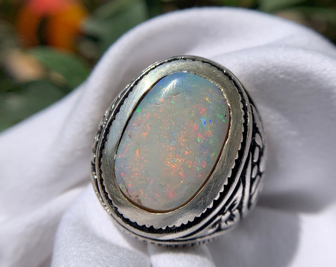 Austrailian Opal Ring . Natural Austrailian White Opal Ring . 12.5 Carat Austrailian Opal Hand Made Hevay Silver Ring . Gents Opal Ring .