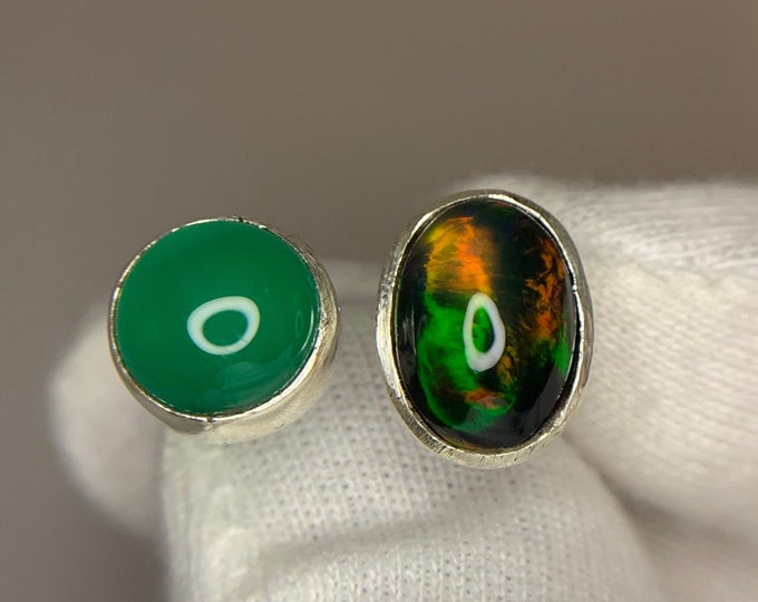 AAA Quality  Handmade Silver Ring With Natural Smoked Opal & Green Agate.Ethiopian Opal Ladies Silver Ring.Full Fire Black Opal Silver  Ring