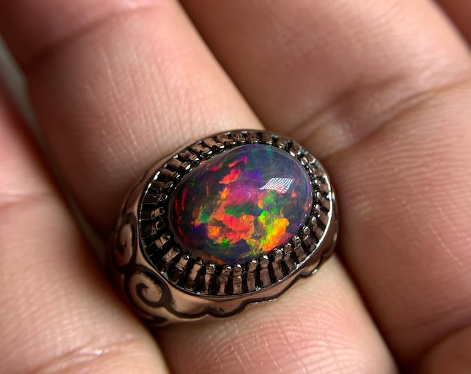 Natural Black Opal Ring. Black Opal Ring . Natural Opal Hand Made Classy Silver Ring . Opal Ring . AAA Grade Black Opal . Opal Jewellery