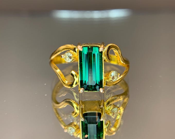 Natural Tourmaline Ring . Natural 2.80 Ct Green tourmaline With Diamonds In 18k Yellow Gold Ring . Ladies Tourmaline Gold Ring.