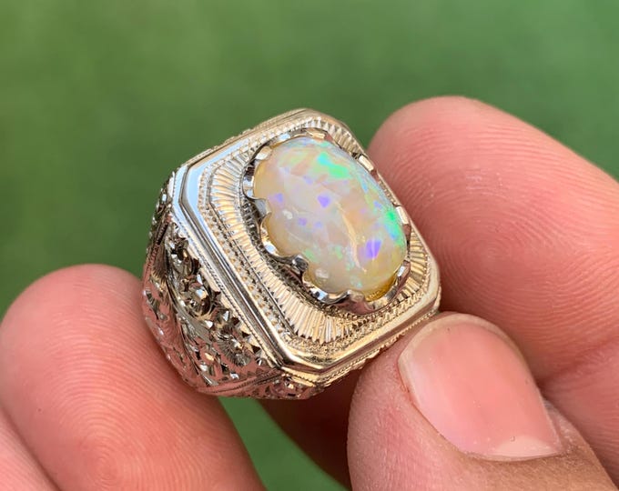 Natural Australian White Opal Ring . Australian Opal In Hand Made Heavy Hand Crafty Work Silver Ring . White Opal Ring . Gents Opal Ring.