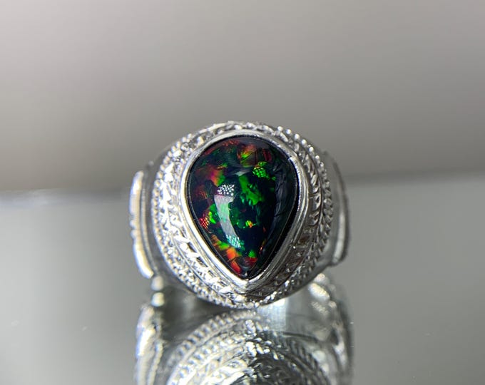 Natural Pin Fires Black Opal Ring . Black Opal Gents Ring.Natural 4.25 Carat Black Opal In Hand Made Crafty Work SIlver Ring Rhodium Coated.