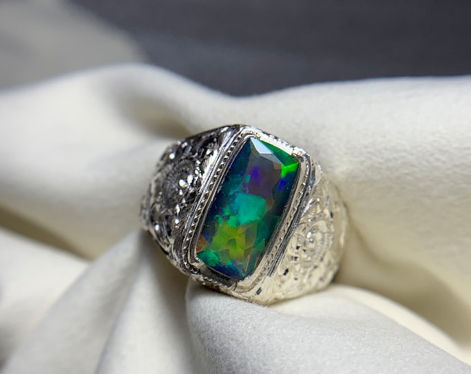 Natural Opal Ring . Natural Black Opal Ring . Gents Black Opal Ring . Faceted Full Fire Black Opal Ring . Opal Jewellery. Opal Silver Ring .