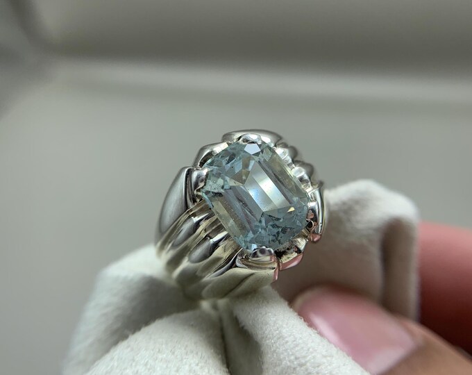 Natural Aquamarine Ring .Blue Aquamarine Gents Ring. Natural Aquamarine In Hand Made Classy Silver Ring. Natural Aquamarine Mens Ring.