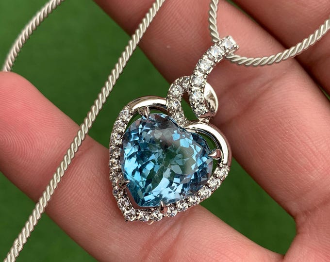 Natural Authentic Heart Blue Topaz Necklace. Blue Topaz Necklace Pendant. Blue Topaz Designer Silver Pendant Rhodium Coated .Topaz Jewellery