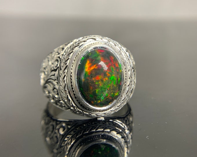 Natural Black  Opal Ring. Natural Opal. Natural Opal Silver Ring. Splendid Fire Opal Silver Ring .  Black Opal Ring . Gents Opal Ring.